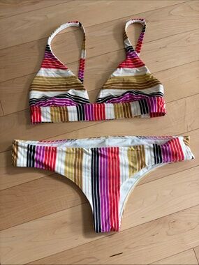 Billabong Multicolor Striped Triangle Bikini - Pink, Red, Gold, Black, White